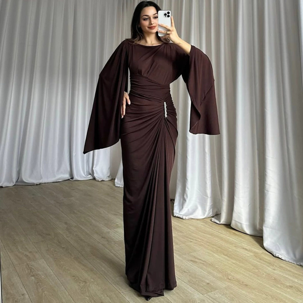 Forever 21 Dark Brown Round-Neck Ruffled Waist Slit Long-Sleeve Bodycon Dress
